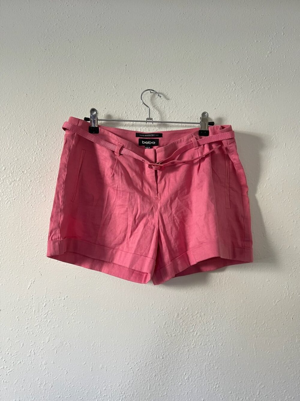 Vintage Y2K pink linen bebe shorts with attached skinny belt